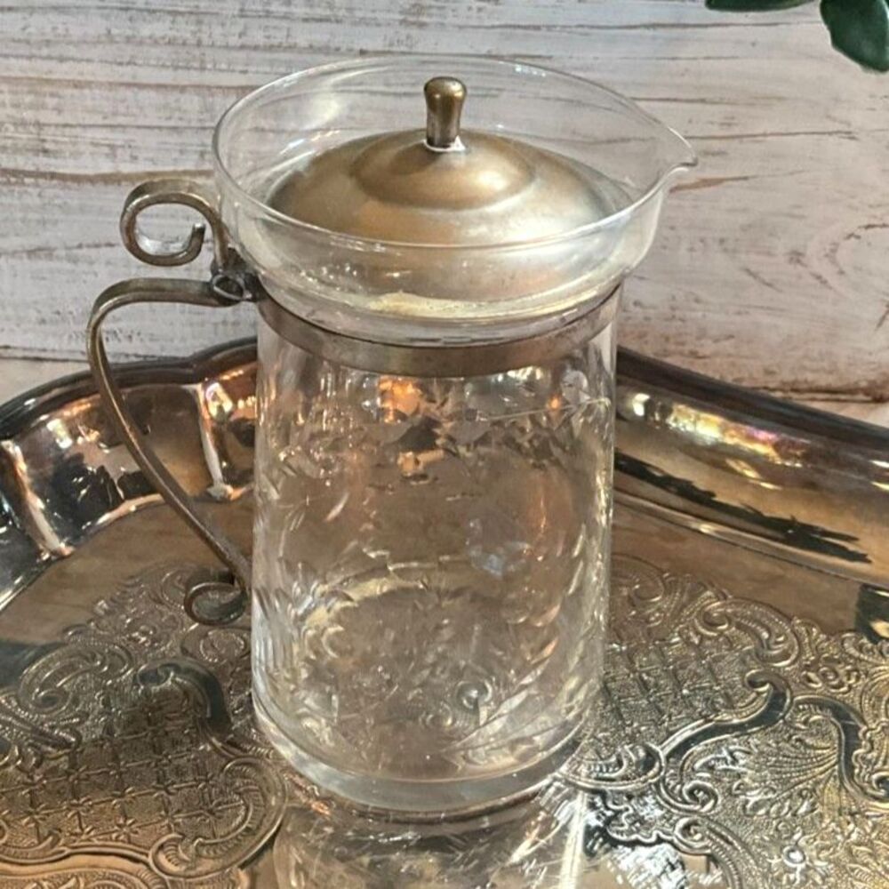 Beautiful tiny vintage etched glass pitcher honey pitcher condiment server